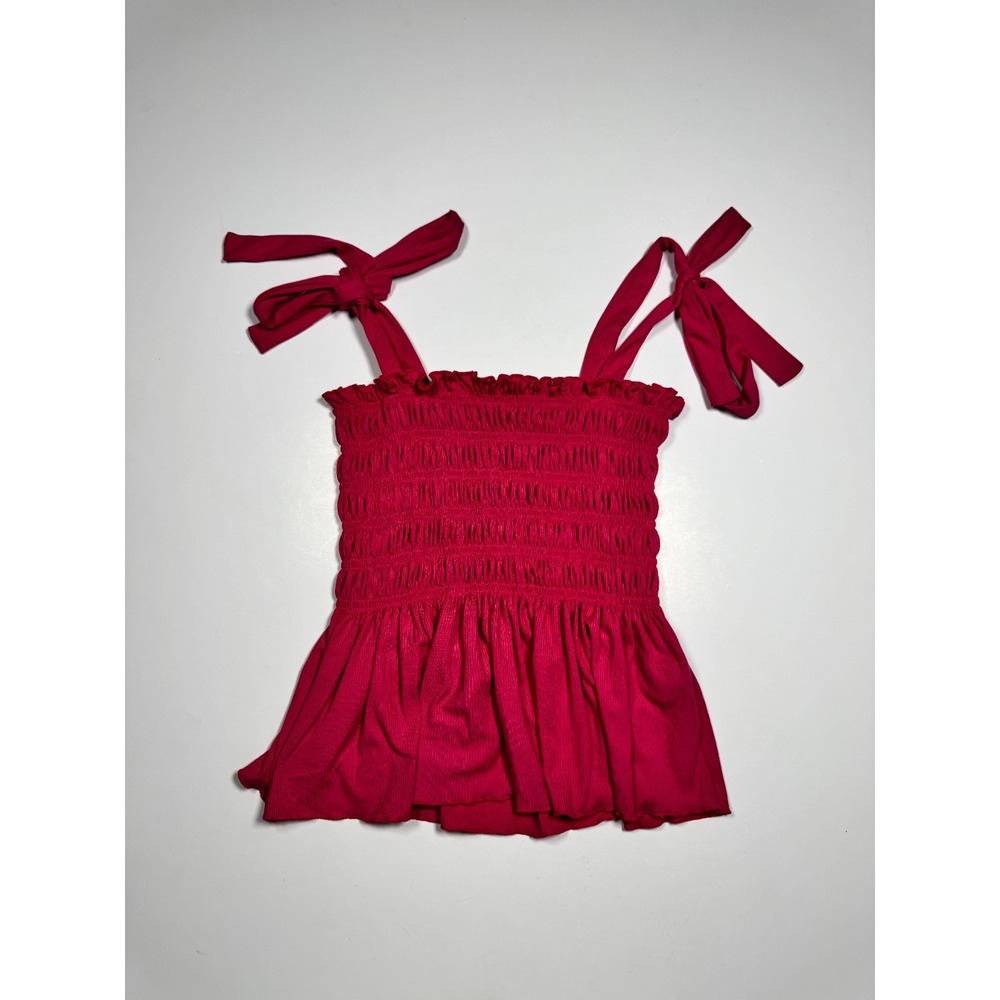 Ultra Flirt Peplum Top Girls Small‎ Pink Smocked Bodice Adjustable Tie Straps